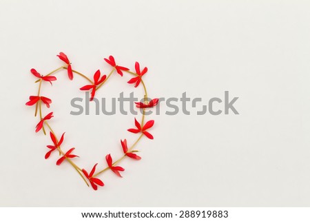 Heart shaped red flowers on white background