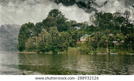 Vintage style image of Lake Bunyonyi in Uganda, Africa, at the borders of Uganda, Congo Democratic Republic and Rwanda, not far from the Bwindi National Park, home of the last mountain gorillas