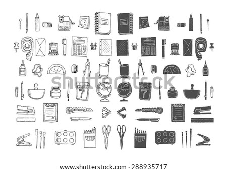 Set of stationery. Big hand drawn collection on a white background. Isolated
