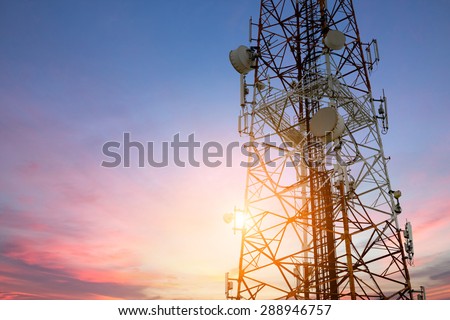 Satellite dish telecom network at sunset communication technology network Royalty-Free Stock Photo #288946757