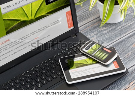 Responsive web design on mobile devices phone, laptop and tablet pc Royalty-Free Stock Photo #288954107