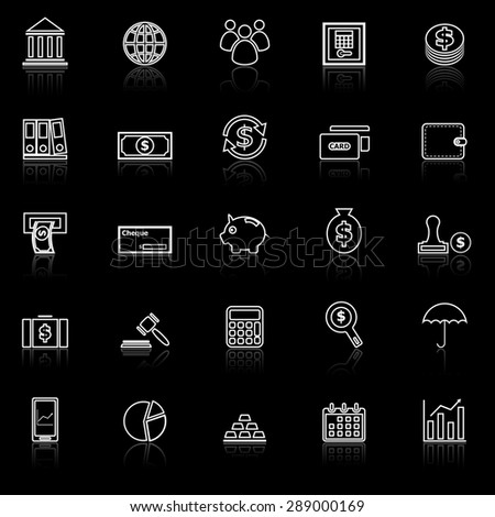 Banking line icons with reflect on black, stock vector