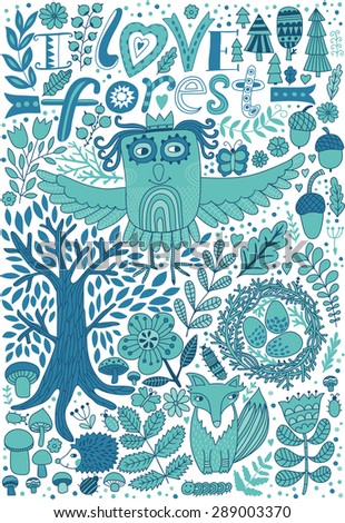 Vector forest illustration, doodling animals design. Hand draw animals. Kids illustration, funny cartoon animals in vector