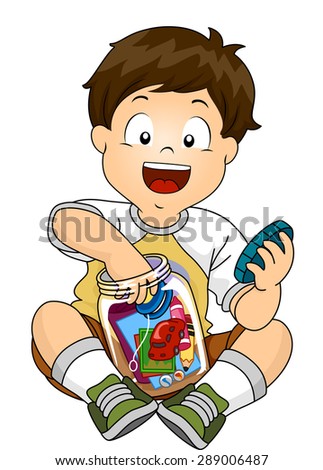Illustration of a Little Boy Putting His Toys Inside a Jar to Make a Time Capsule