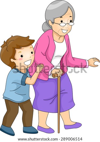 Illustration of a Little Boy Helping an Old Woman Cross the Street