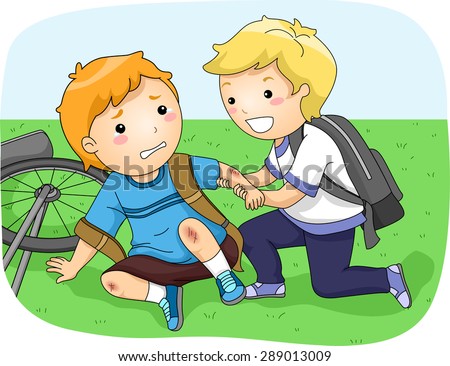 Illustration of a Little Boy Helping Another Boy Who Fell Off His Bike