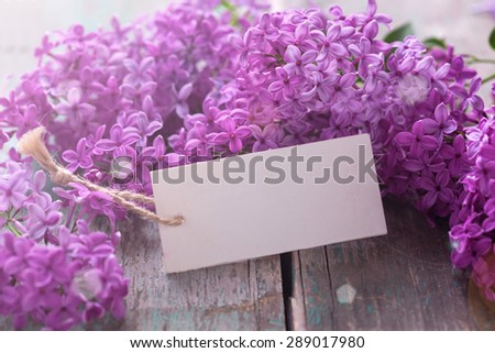 Postcard with lilac flowers and empty tag for your text in ray of light  on aged wooden background. Selective focus.
