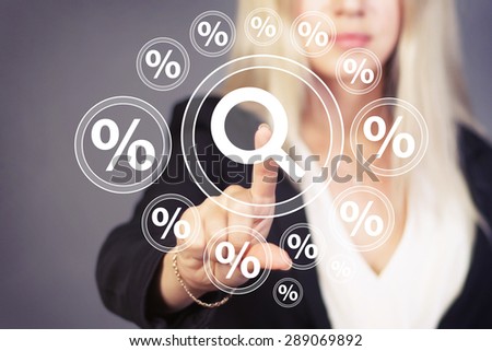 Businesswoman touch button search magnifier network percent icon