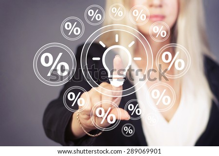 Businesswoman touch button idea bulb communication percent web