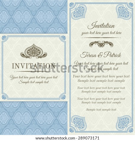 Antique baroque invitation, blue and gold on beige background