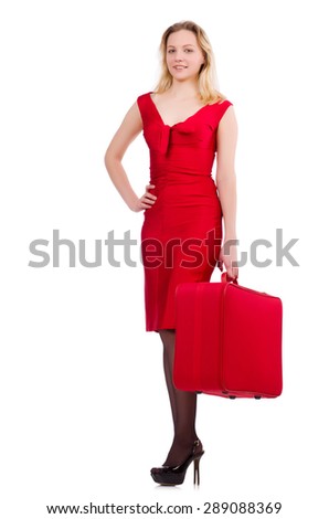 Red dress woman holding trunk isolated on white