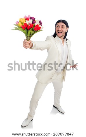 Man with tulip flowers isolated on white