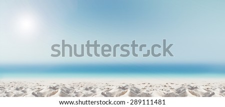 Tropical beach design banner background. Coconut palm tree, white sand beach and ocean at perfect sunny day. Panoramic view.