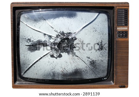 An old trashed TV with a smashed screen, isolated on a white background.