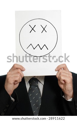 Man with the painted lifeless face on the sheet of paper over his face isolated on white