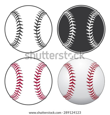 Baseballs is an illustration of a baseball in four styles from simple black and white to complex full color.
