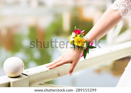 beautiful  fresh floral bracelet for the bride Royalty-Free Stock Photo #289155299