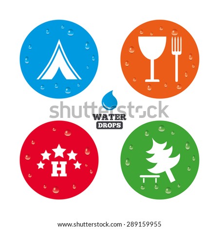 Water drops on button. Food, hotel, camping tent and tree icons. Wineglass and fork. Break down tree. Road signs. Realistic pure raindrops on circles. Vector