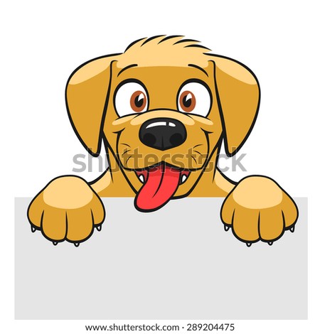 Cute puppy holds gray banner. Can be use as design element. 
