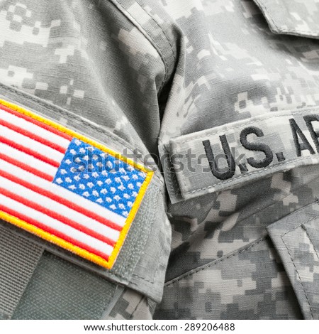 USA flag and U.S. Army patch on military uniform