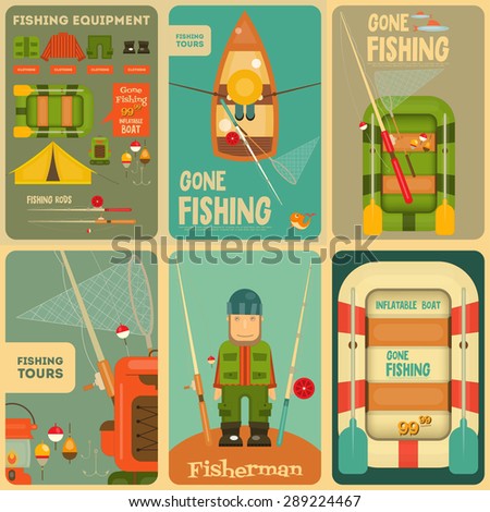 Fishing Mini Posters Set: Fisherman and Equipment for Fishing: Fishing Rod, Hooks, Boat, Fish, Tent, Bobber. Layered file. Vector illustration.