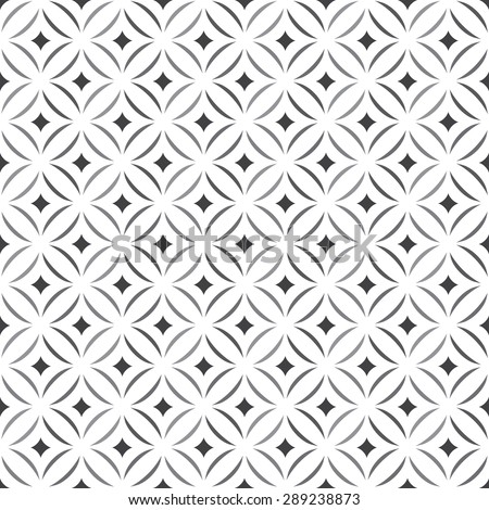 Seamless pattern. Stylish texture. Tile with regularly repeating geometrical elements, shapes, rhombuses, arches, crossed circles. Monochrome. Backdrop. Web. Vector element of graphic design