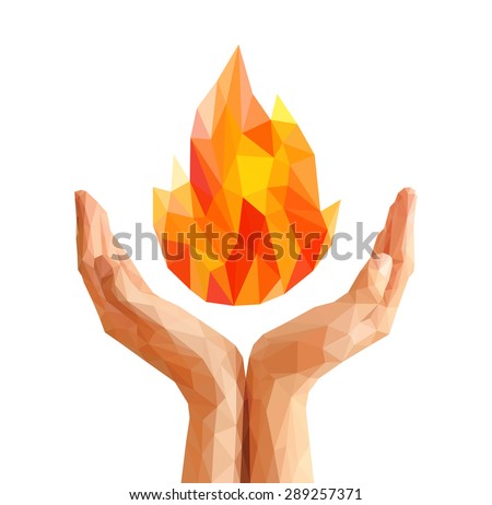 polygon Olympic flame torch flame natural and abstract in cupped hands.