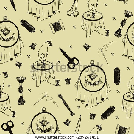 hand drawn sewing and embroidery seamless pattern