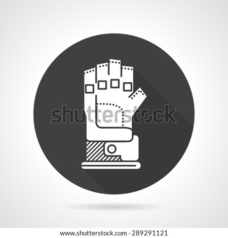 Flat black round vector icon with white silhouette sport glove for paintball on gray background.
