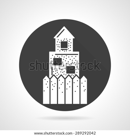 Black round flat design vector icon with white silhouette wall or barricade for paintball  game on gray background.