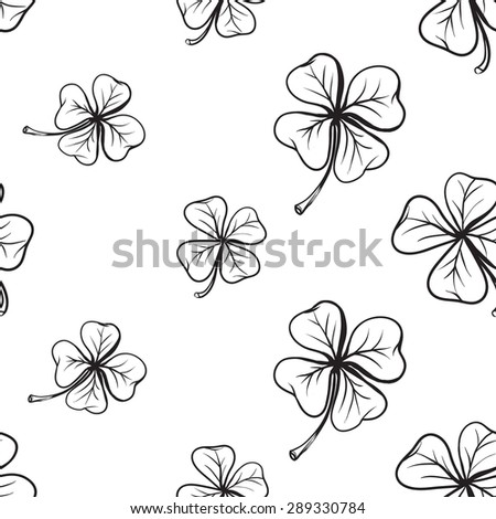 Hand drawing symbols of luck seamless pattern. Vector background with clover and quatrefoil on white background. Chess grid order