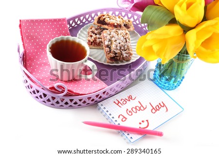 Composition with good morning top view on wooden background