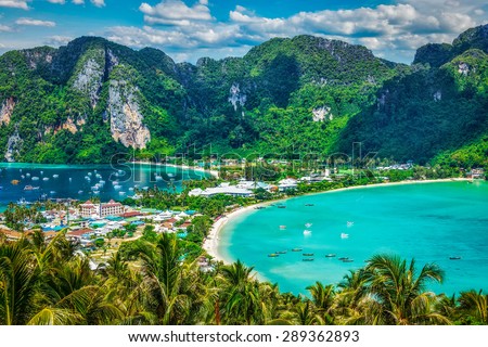 Travel vacation background - Tropical island with resorts - Phi-Phi island, Krabi Province, Thailand Royalty-Free Stock Photo #289362893
