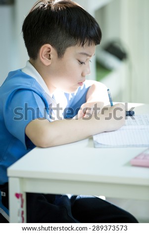 Young asian boy doing his homework