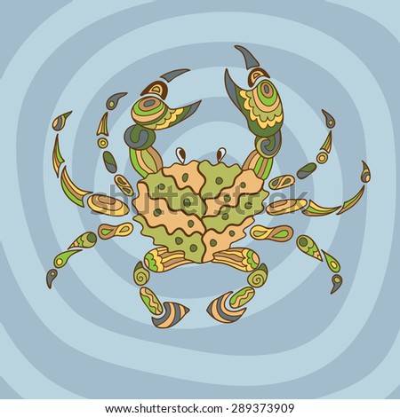sketchy crab in cartoon style on grey blue background spiral
