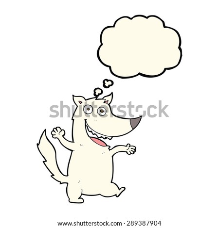 cartoon happy wolf with thought bubble