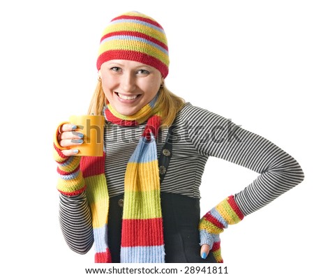 Winter girl with cup of hot tea