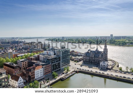 Aerial view over the city of Antwerp in Belgium from Museum aan de Stroom. Royalty-Free Stock Photo #289421093