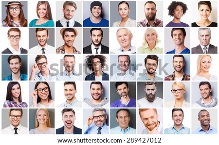 Diverse people. Collage of diverse multi-ethnic and mixed age people expressing different emotions  Royalty-Free Stock Photo #289427012