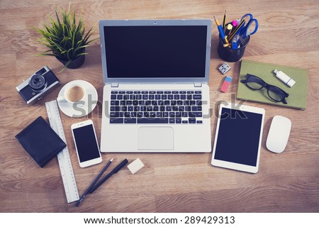 Top view office desk hero header image Royalty-Free Stock Photo #289429313
