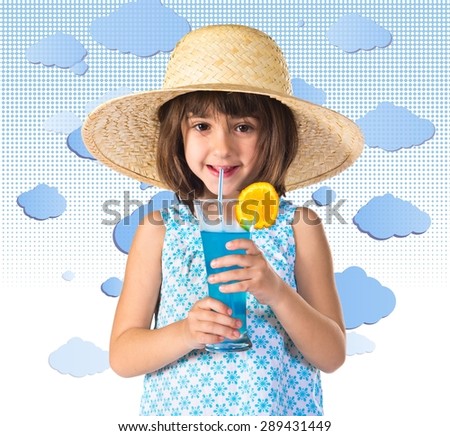 Girl drinking soda over clouds background  