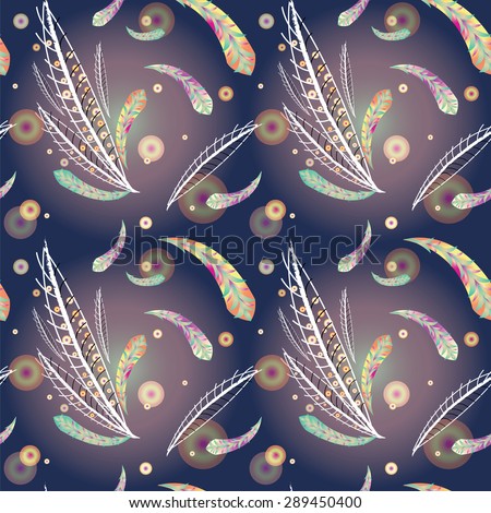 Seamless vector texture with feathers and colored circles on dark background