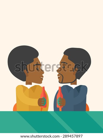A two black co-workers from office to pub having fun drinking beer just to relax and stress free. A Contemporary style with pastel palette, soft beige tinted background. Vector flat design