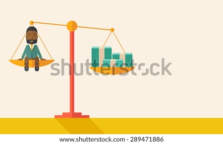 A happy smiling african young male sitting on a balance scale with a money bill. Comparison concept. A Contemporary style with pastel palette, soft beige tinted background. Vector flat design