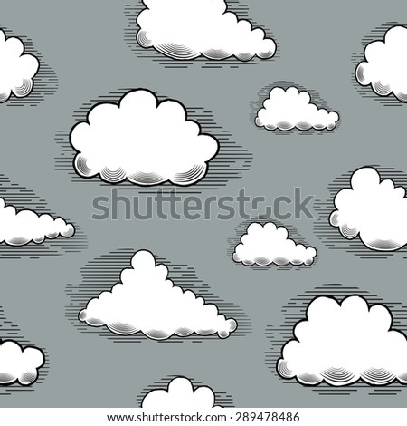 Clouds engraving seamless pattern hand-drawn illustration