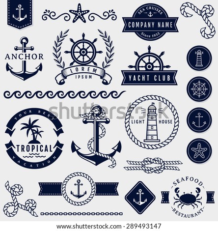 Set of sea and nautical decorations isolated on white background. Collection of elements for company logos, business identity, print products, page and web decor or other design. Vector illustration.  Royalty-Free Stock Photo #289493147