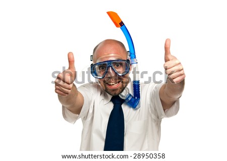 Businessman isolated on a white background smiling giving the thumbs up wearing a snorkel and mask
