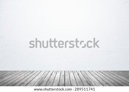 Empty room of white cement plaster wall and wood floor