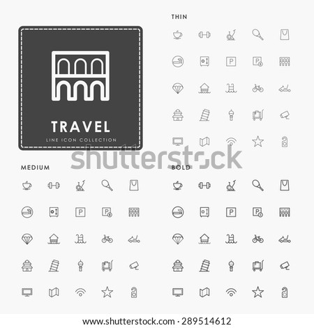 travel and vacation on thin, medium and bold minimal line icons concept