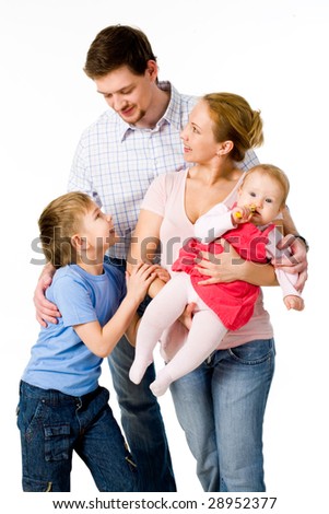 Portrait of members of the family interacting with each other